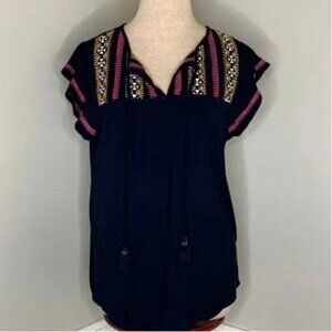 Adrianna Papell Women's Embroidered Peasant Blouse Navy Blue Size Medium